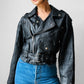 80s Black Short Waist Leather Biker Jacket - Sz. S/M