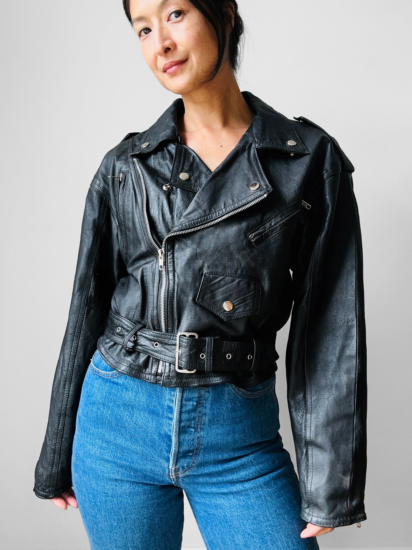 80s Black Short Waist Leather Biker Jacket - Sz. S/M