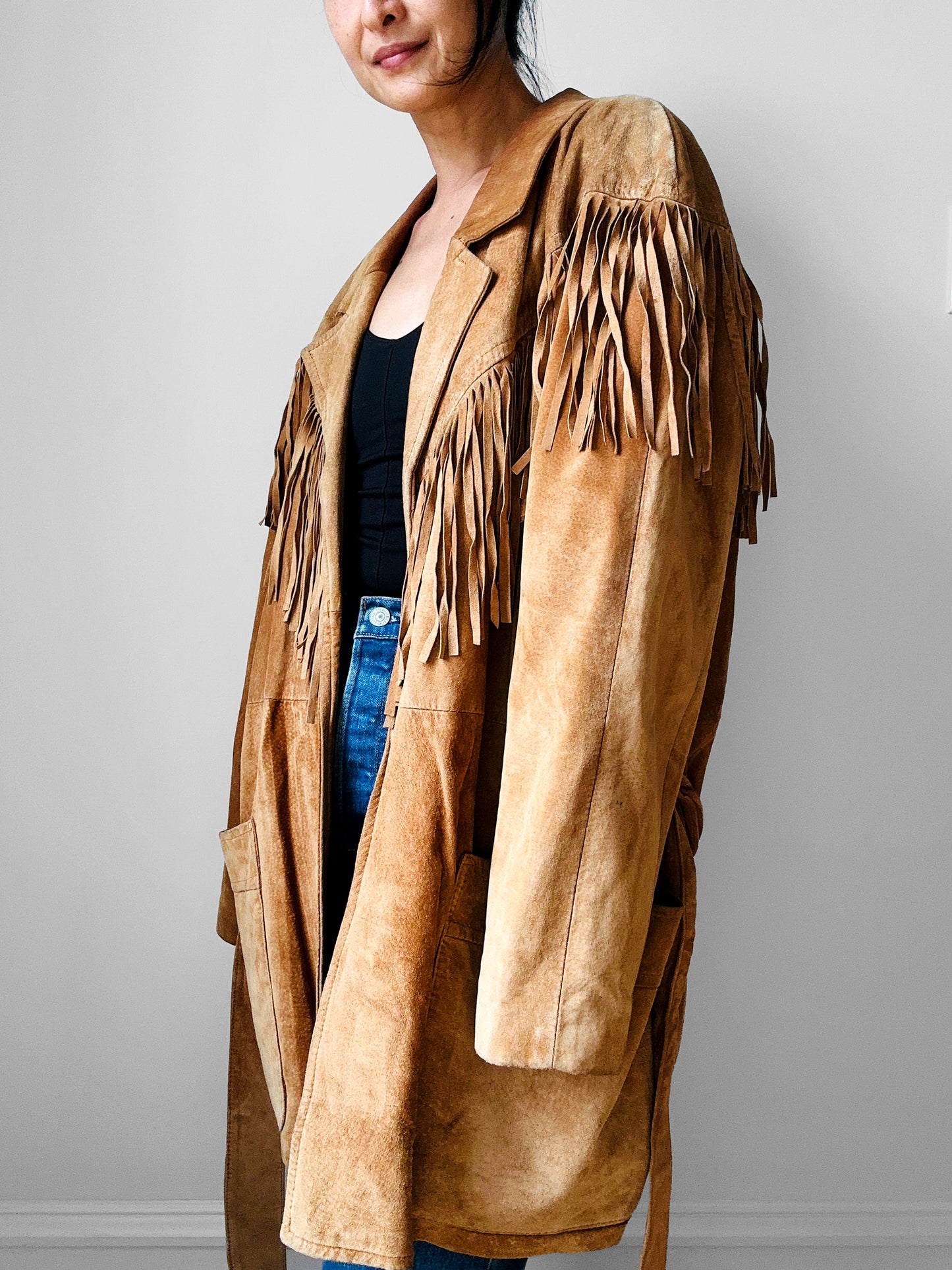 1980s Tan Suede Leather Fringe Patched Belted Jacket - Sz. L
