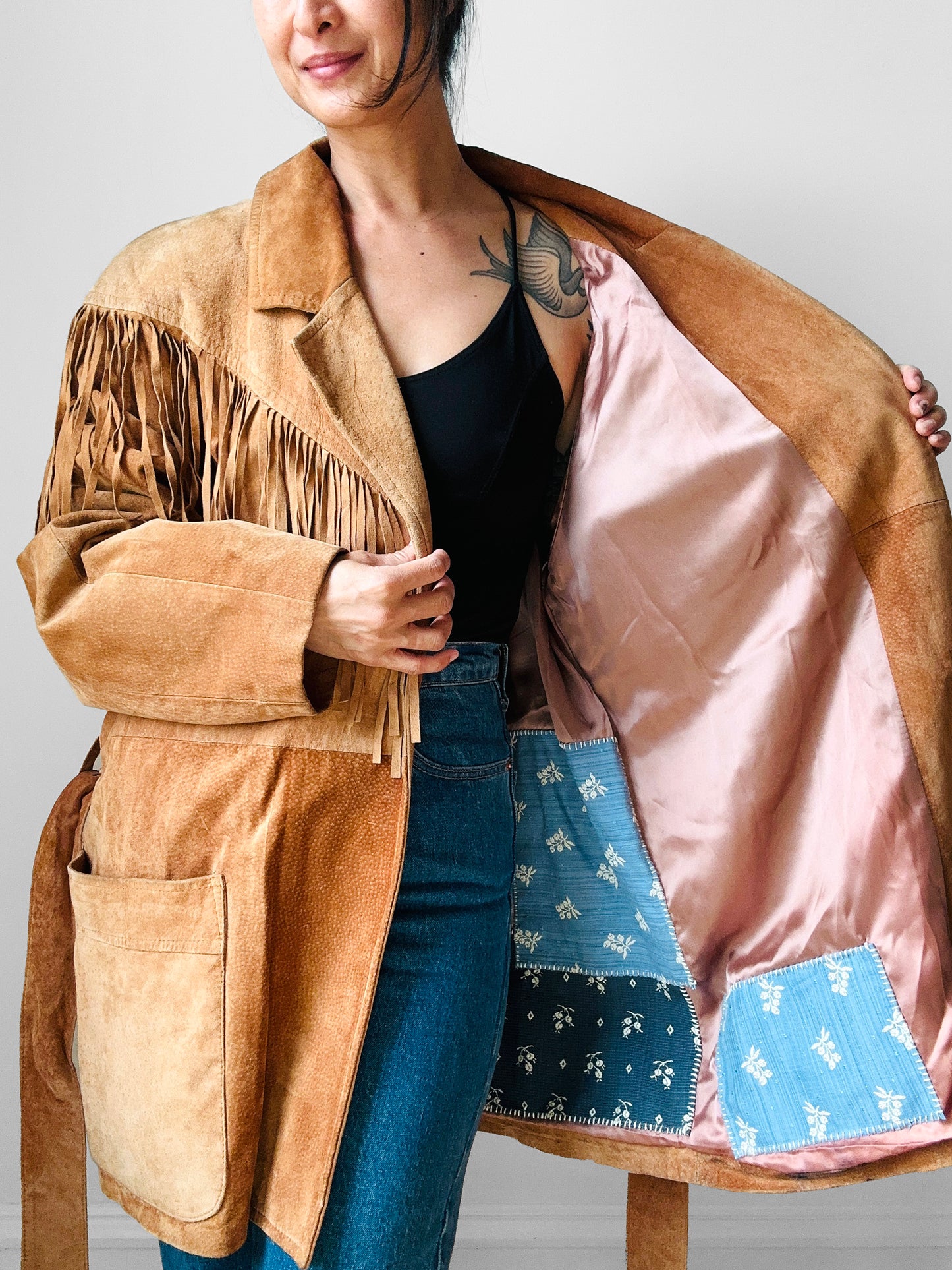 1980s Tan Suede Leather Fringe Patched Belted Jacket - Sz. L