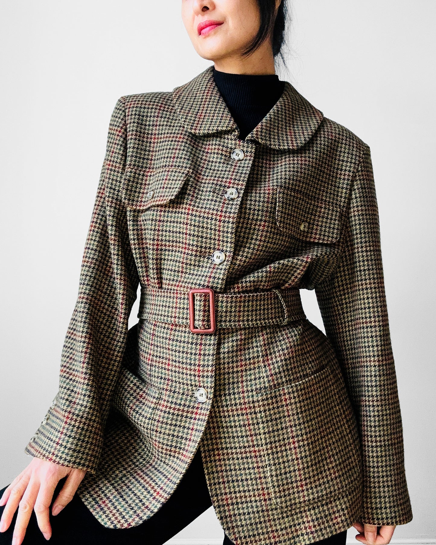 1980s Irish Wool Houndstooth Belted Jacket - Sz. M/L