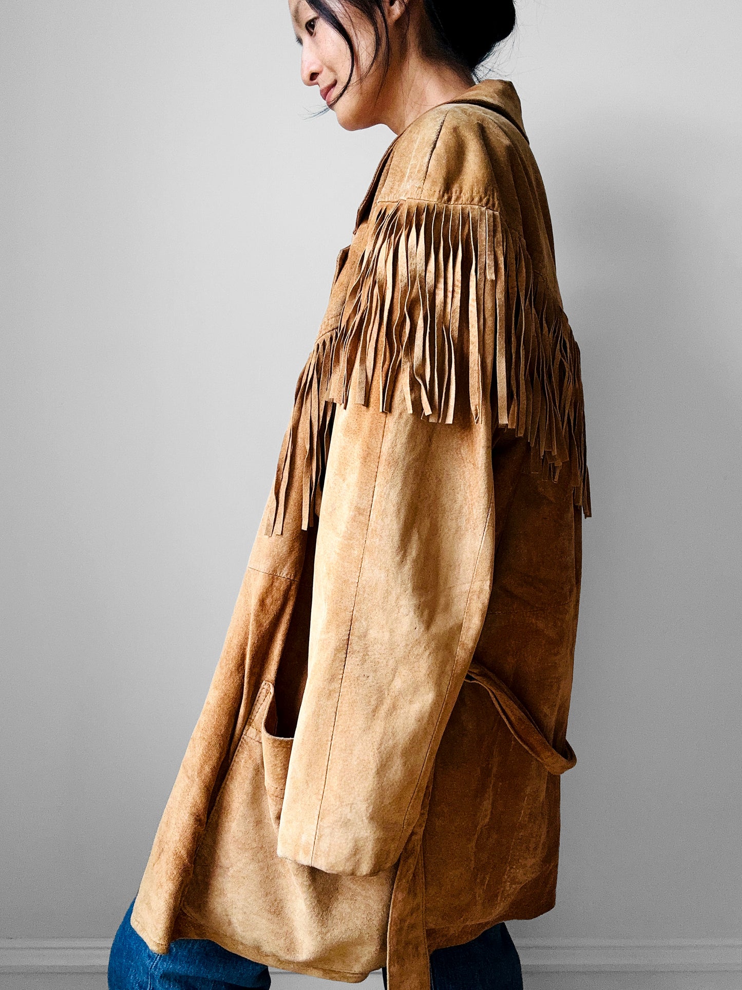 1980s Tan Suede Leather Fringe Patched Belted Jacket - Sz. L