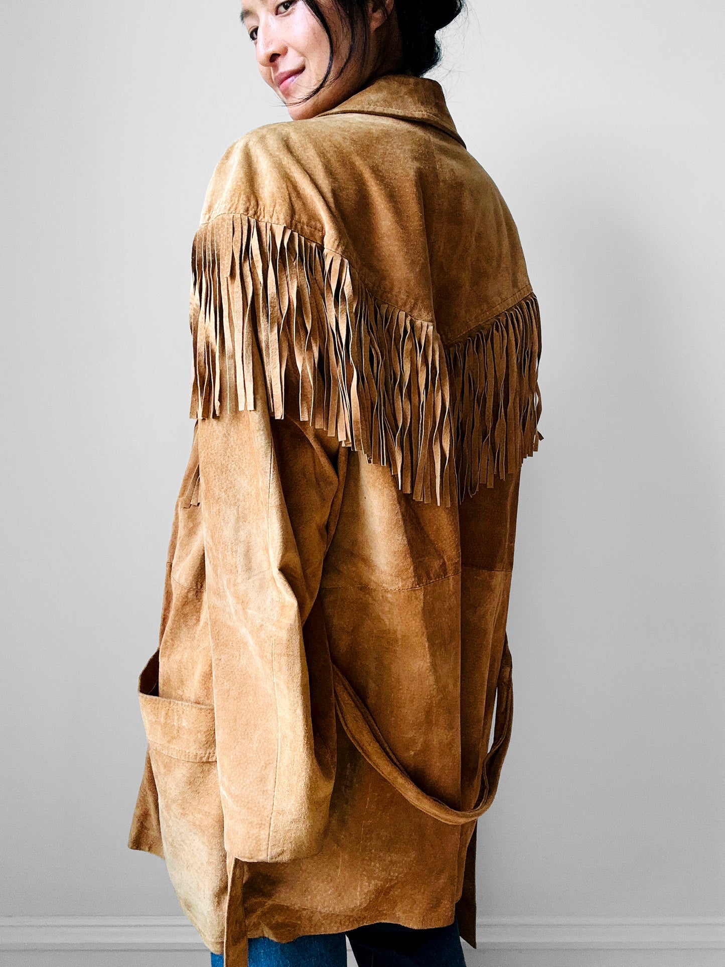 1980s Tan Suede Leather Fringe Patched Belted Jacket - Sz. L