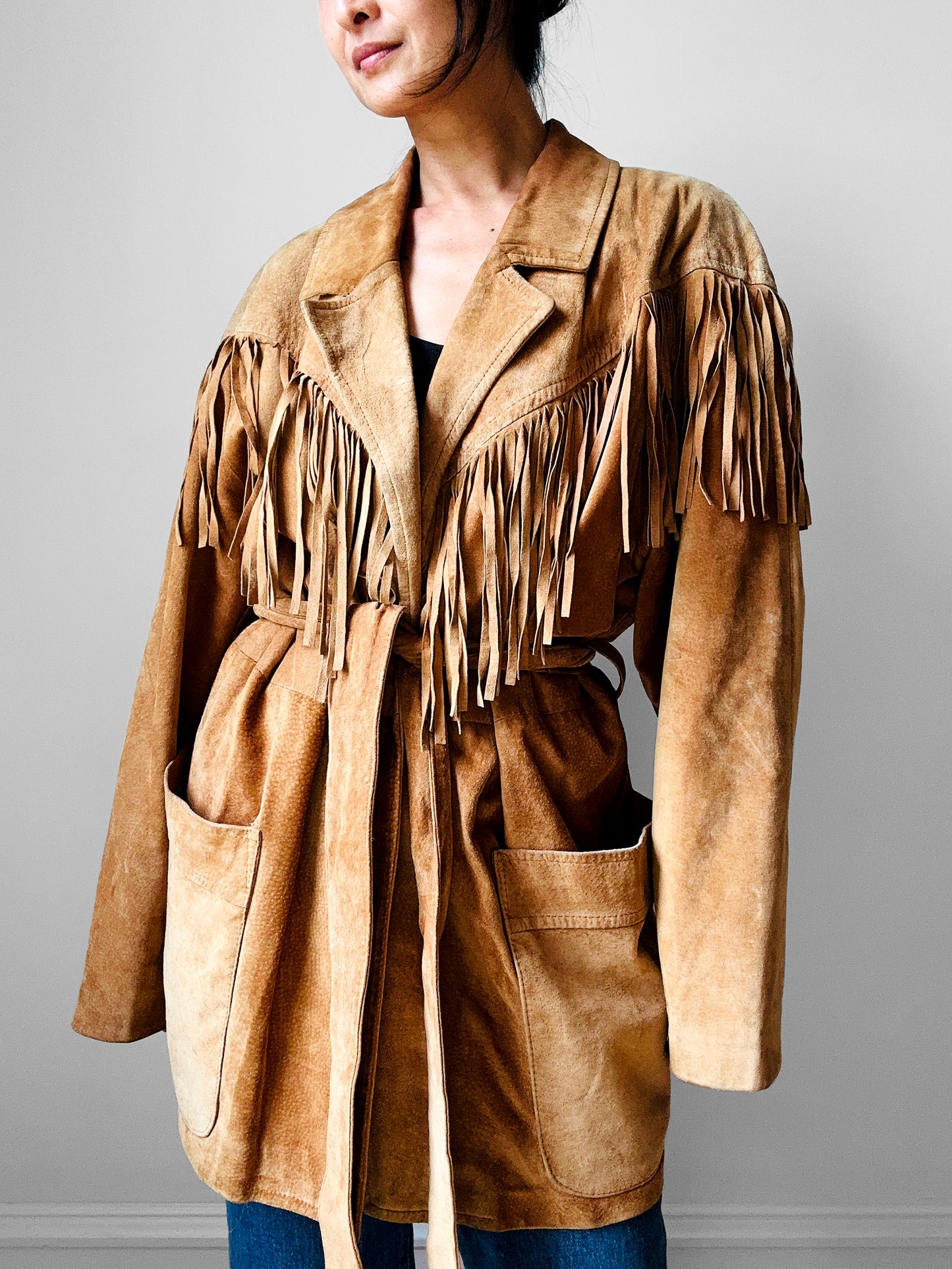 1980s Tan Suede Leather Fringe Patched Belted Jacket - Sz. L