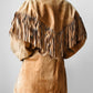 1980s Tan Suede Leather Fringe Patched Belted Jacket - Sz. L