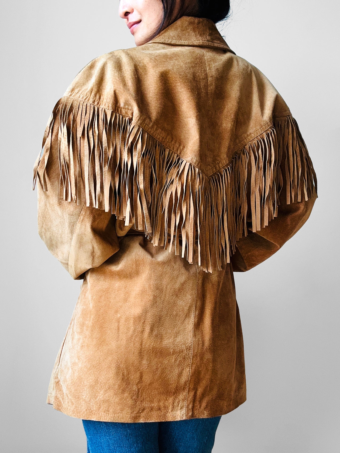 1980s Tan Suede Leather Fringe Patched Belted Jacket - Sz. L