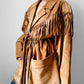 1980s Tan Suede Leather Fringe Patched Belted Jacket - Sz. L