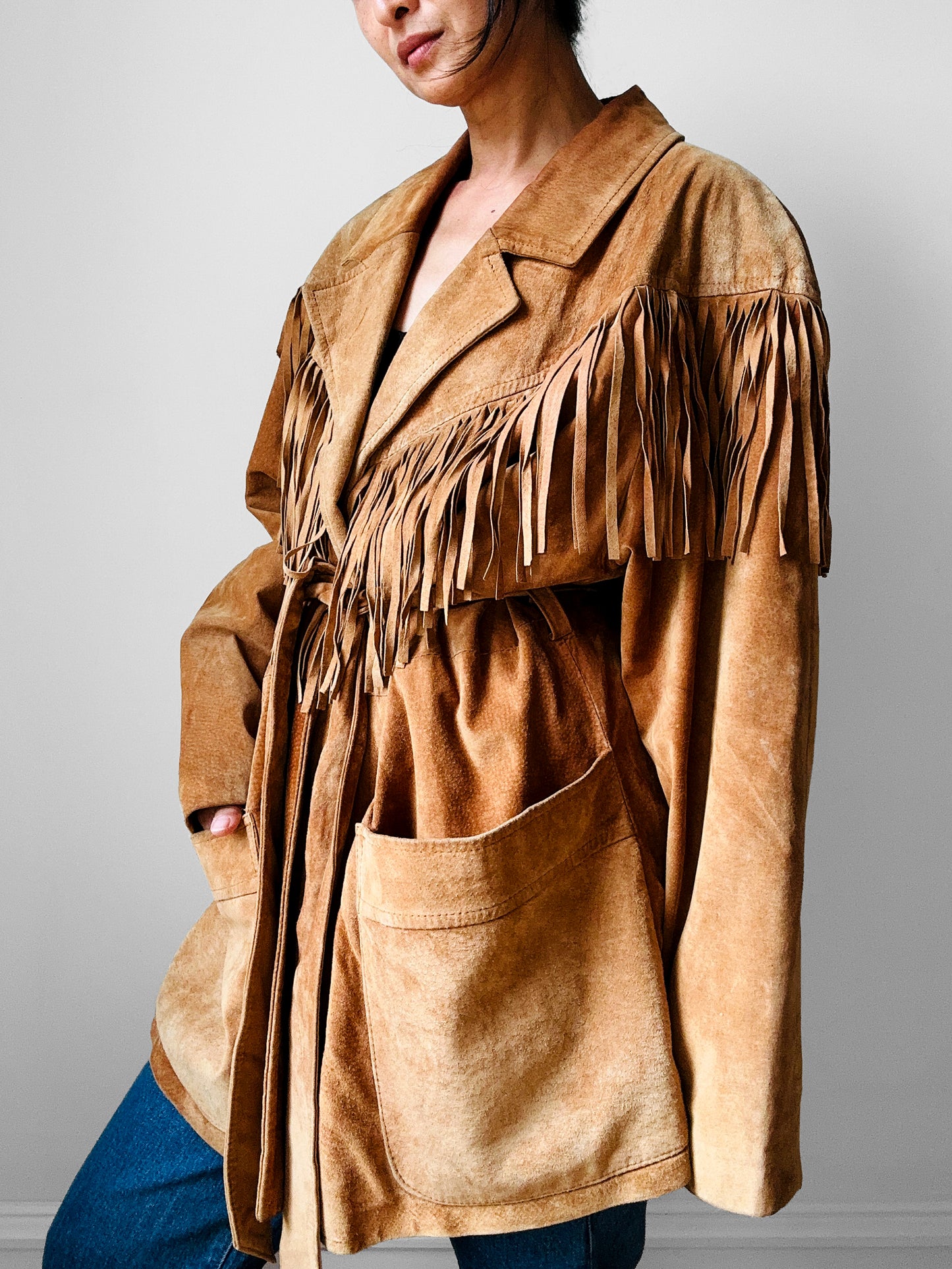1980s Tan Suede Leather Fringe Patched Belted Jacket - Sz. L