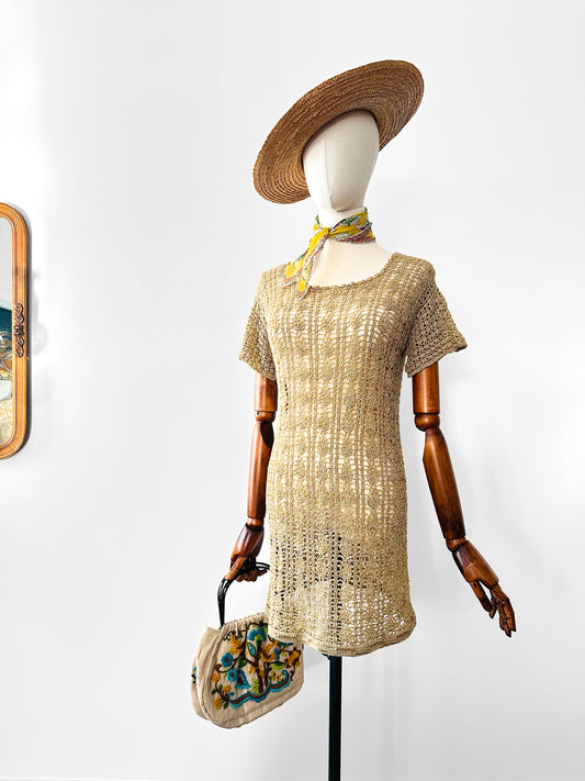 Vintage 1970s Beige Short-Sleeve Scoop Neck Crochet Tunic  - Sz. S