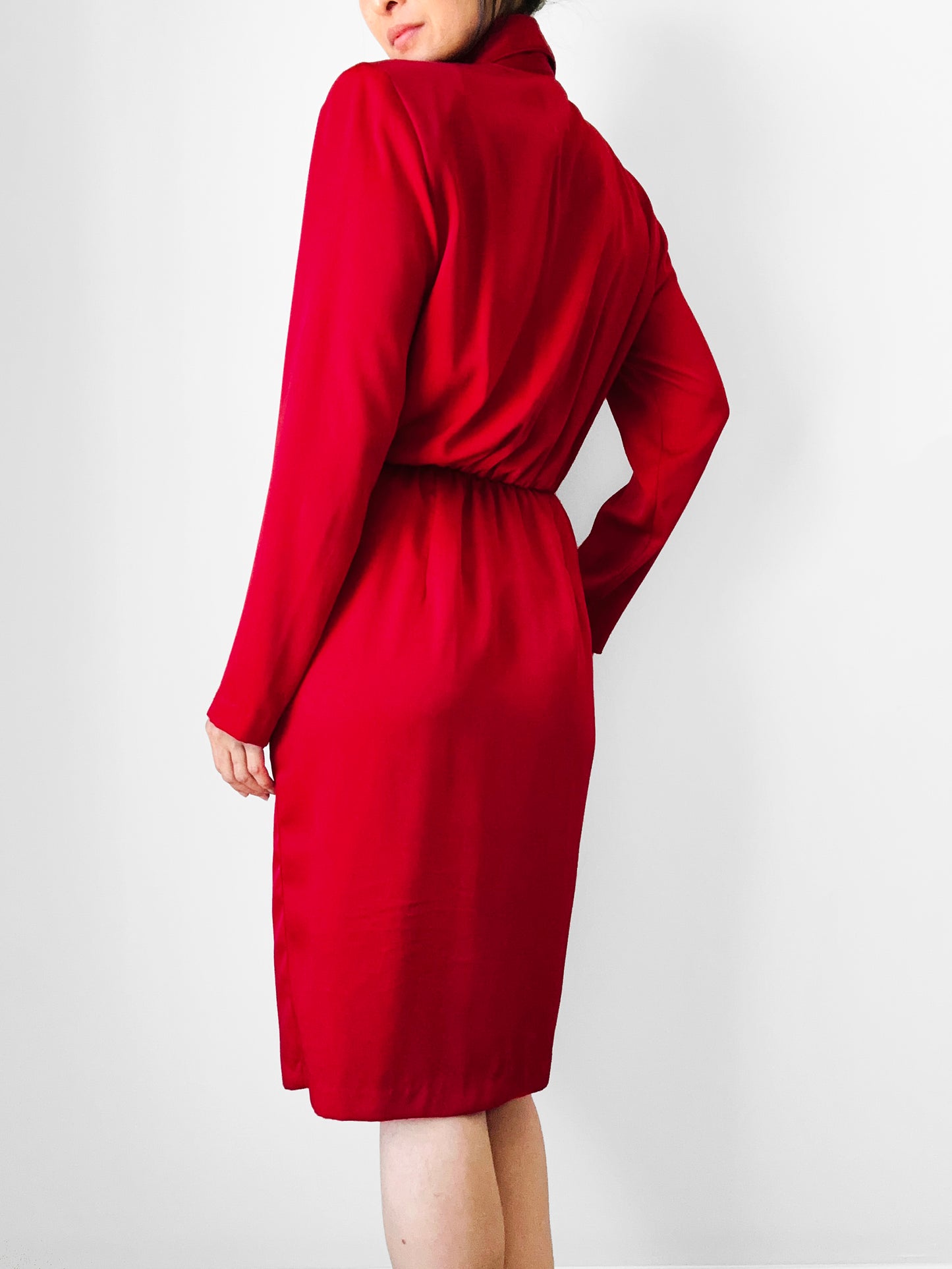 1980s Ruby Red Pleated Accent Dress - Sz. S