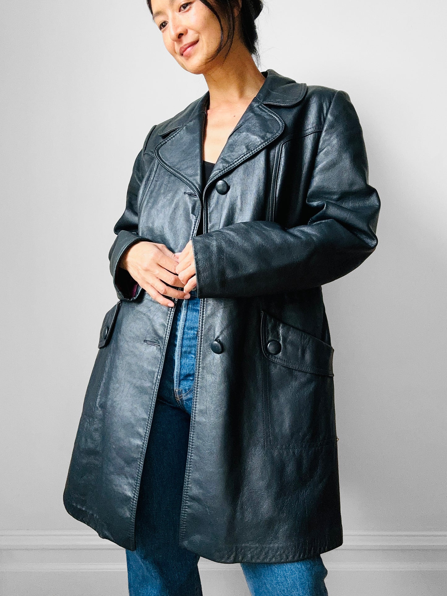 70s Dark Navy Button Front Butter Soft Leather Jacket - Sz. S/M