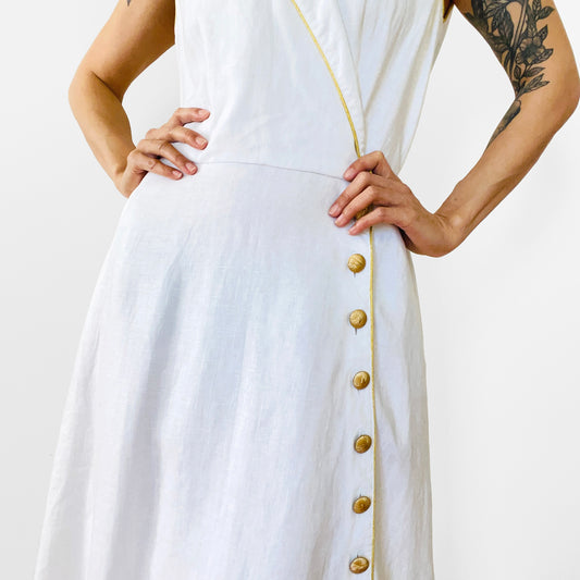 1980s - 1990s Bloomingdale's White Linen Gold-Trimmed Long Button-Front Dress - S/M