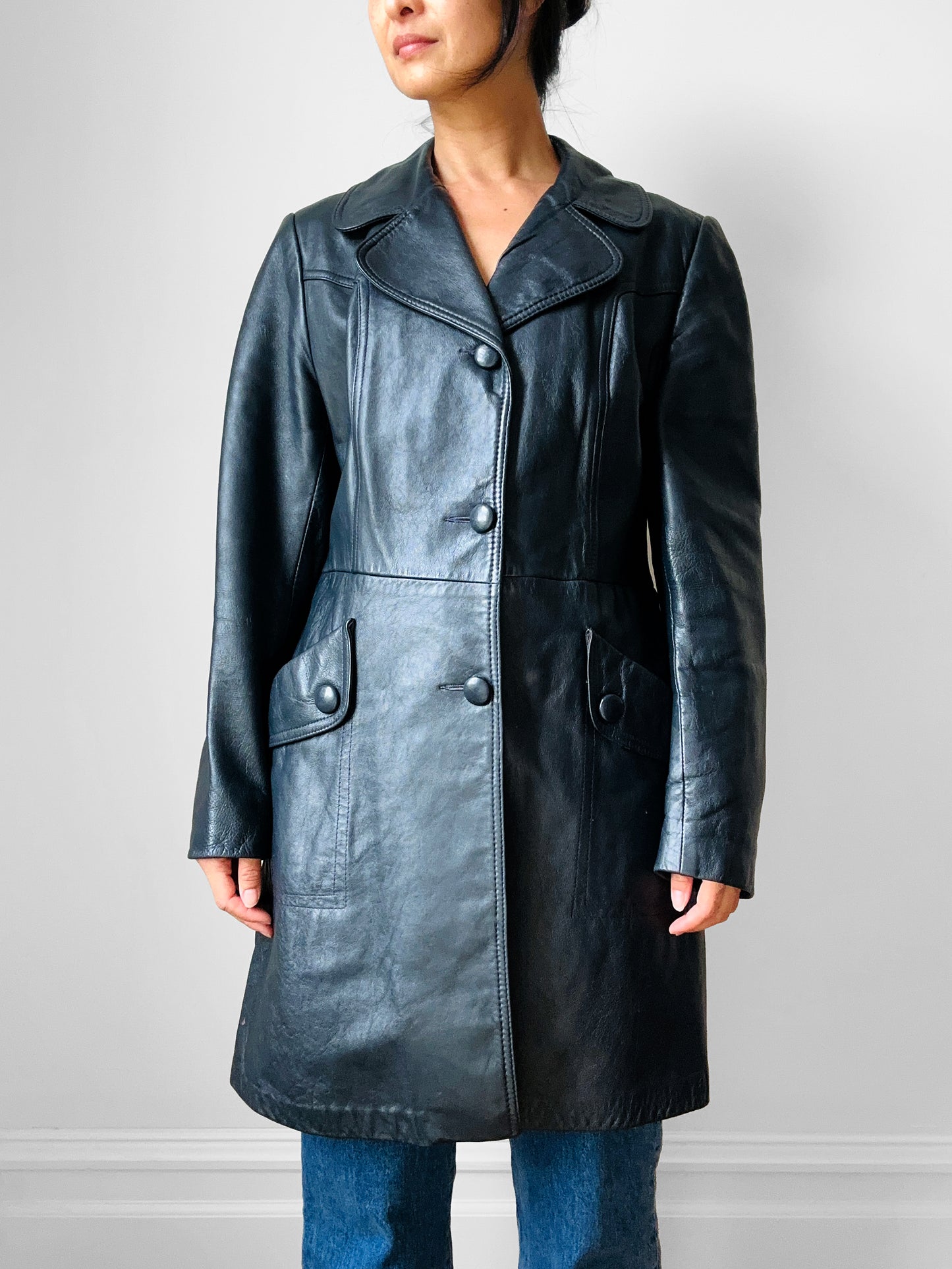 70s Dark Navy Button Front Butter Soft Leather Jacket - Sz. S/M