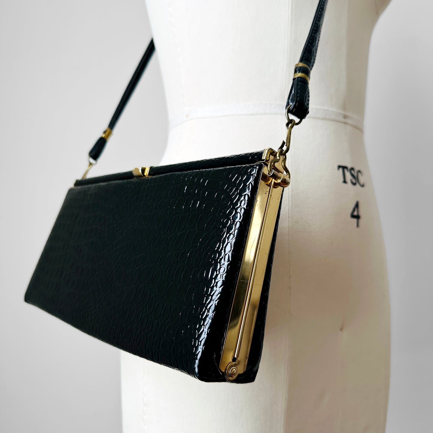 1980s Glossy Black Faux Leather Rectangle Structured Clutch Purse