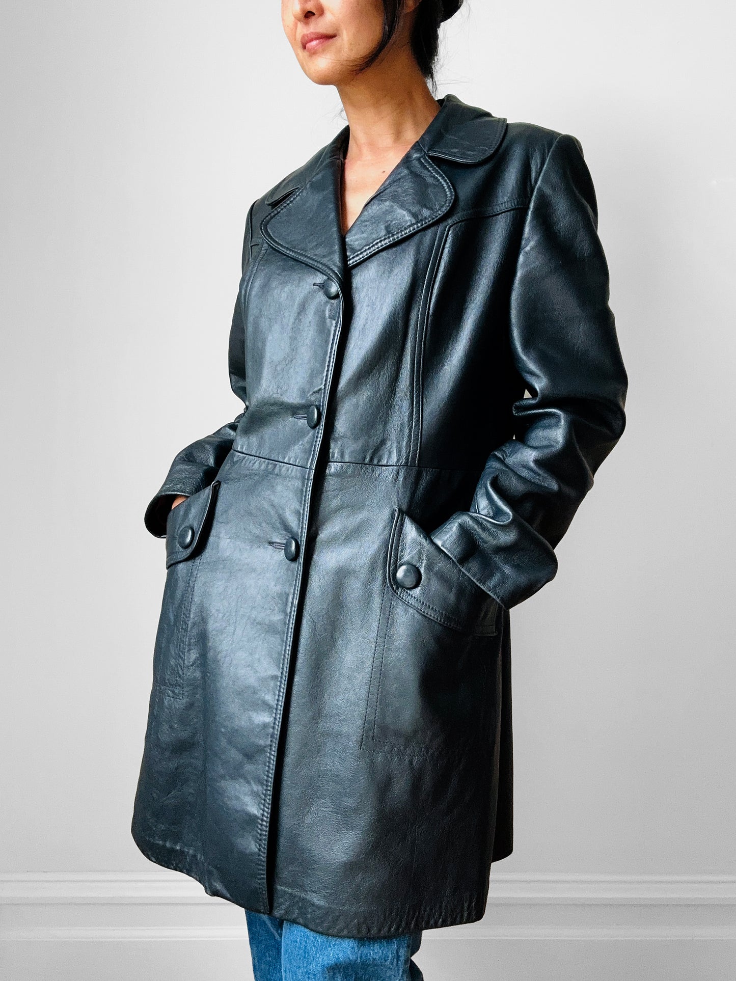 70s Dark Navy Button Front Butter Soft Leather Jacket - Sz. S/M