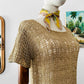 Vintage 1970s Beige Short-Sleeve Scoop Neck Crochet Tunic  - Sz. S