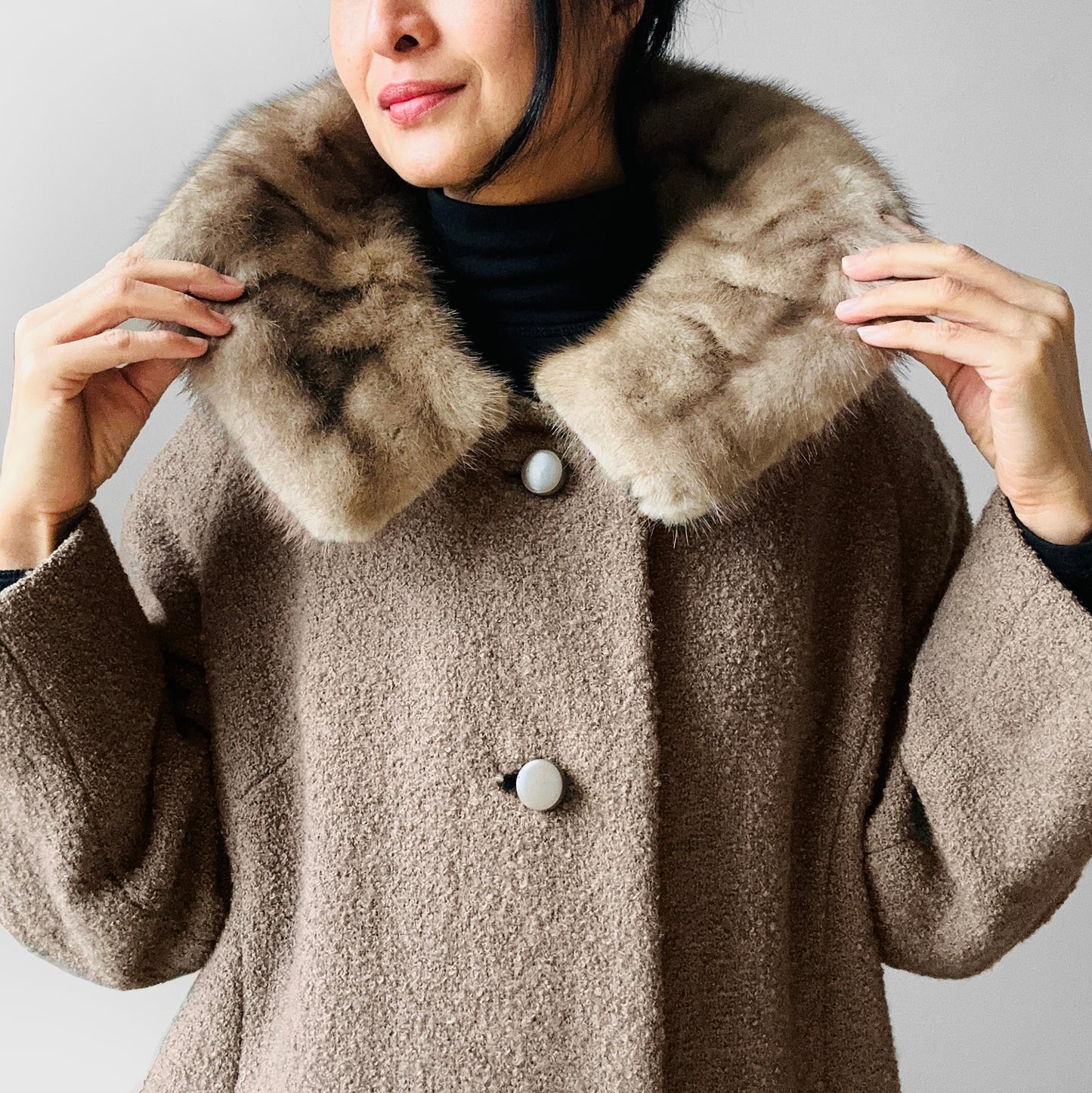 1960s Taupe Fur Collar A-Line Mid-Length Coat