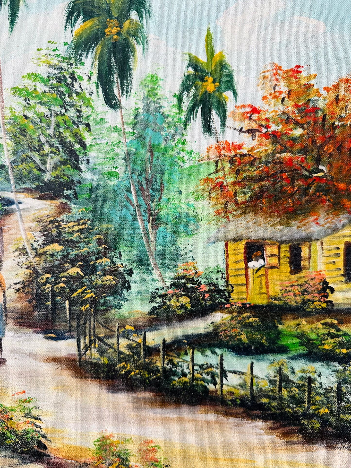 Vintage 1980 Acrylic on Canvas Haitian Style Island Folk Art Original Painting