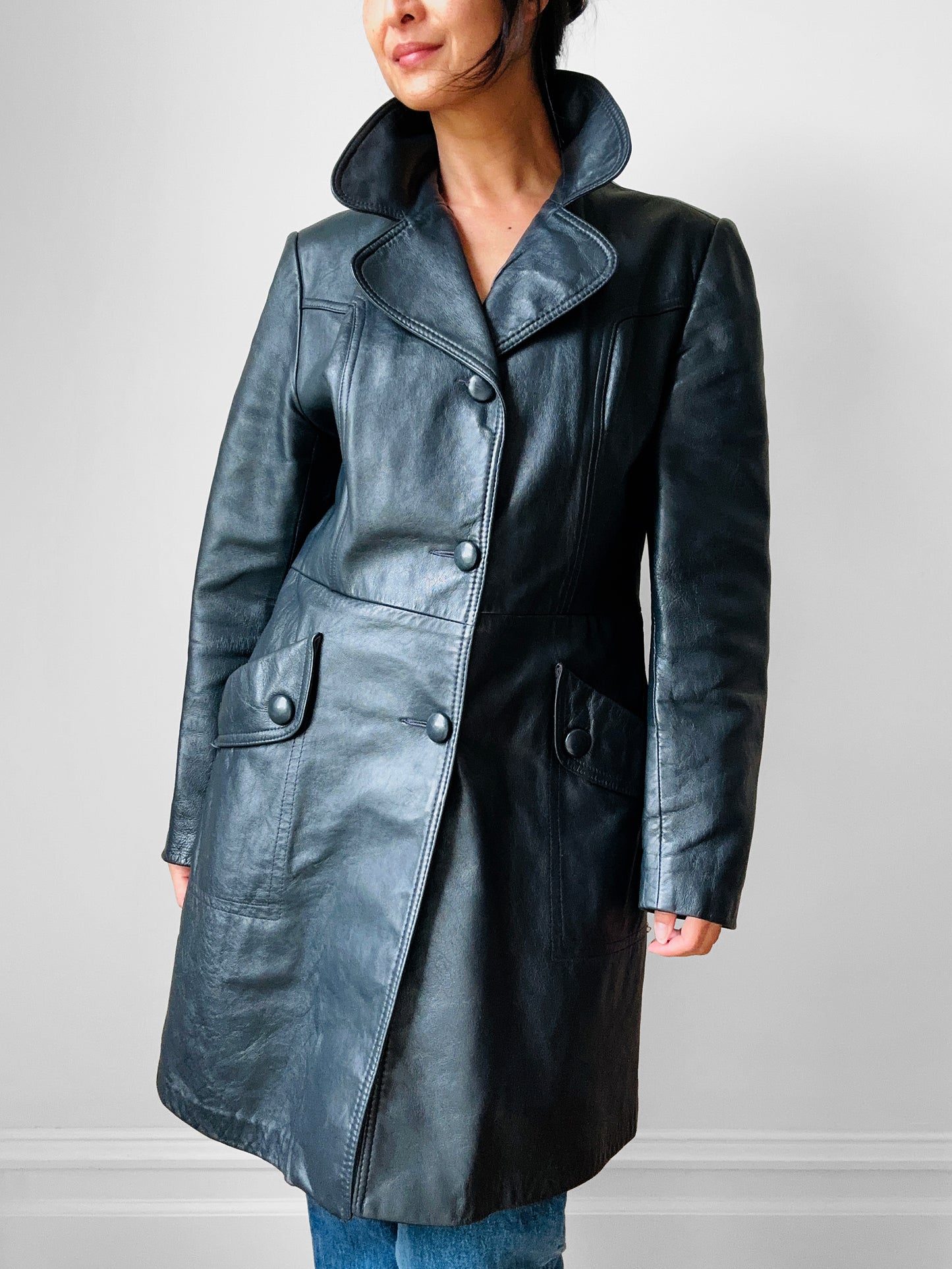 70s Dark Navy Button Front Butter Soft Leather Jacket - Sz. S/M