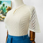 Vintage 1960s Ivory Flutter Sleeve Fitted Knit Top - Sz. S