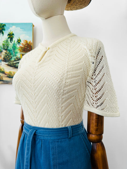 Vintage 1960s Ivory Flutter Sleeve Fitted Knit Top - Sz. S