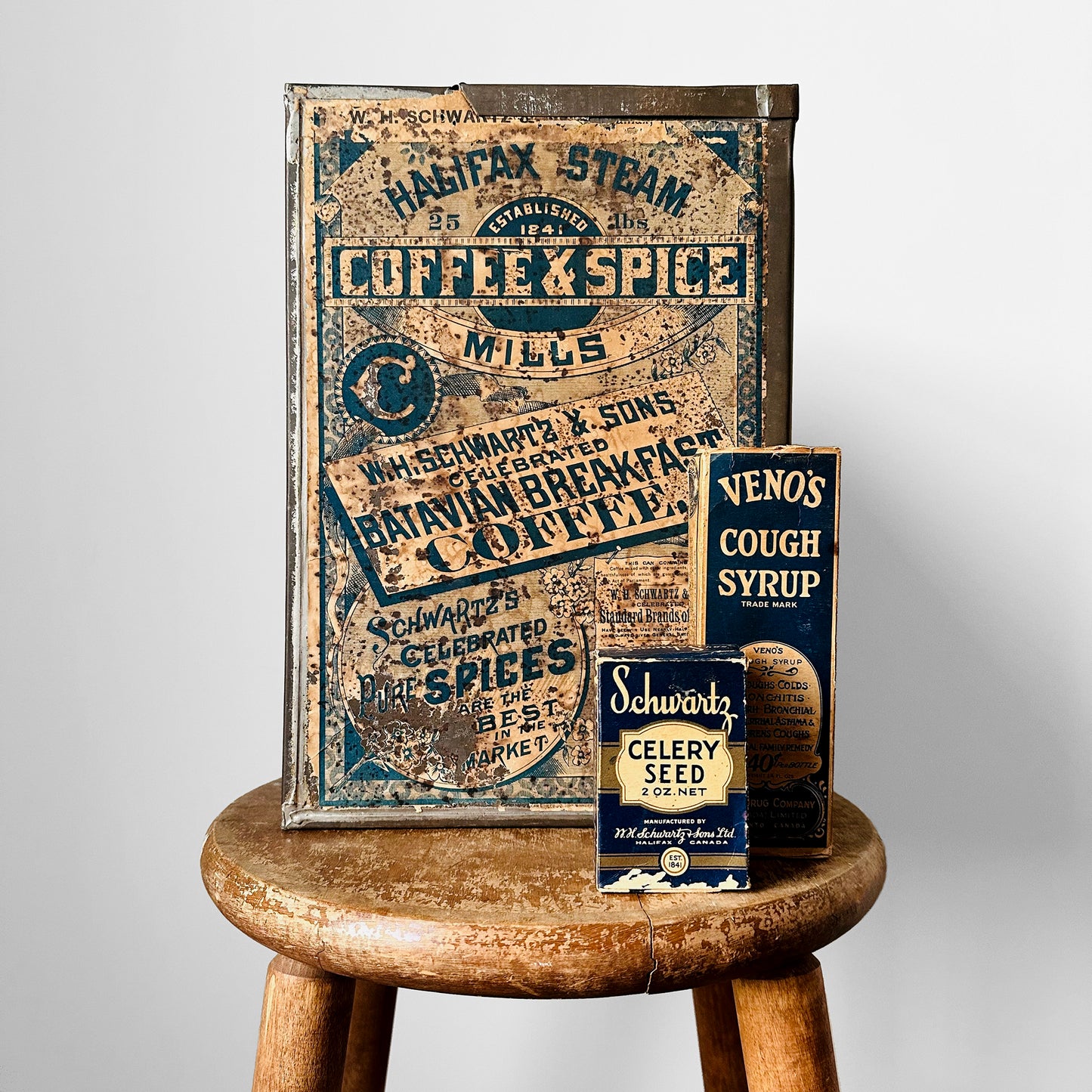 Early 1900s Halifax Steam Mills Coffee and Spice Advertising Graphic Tin Container