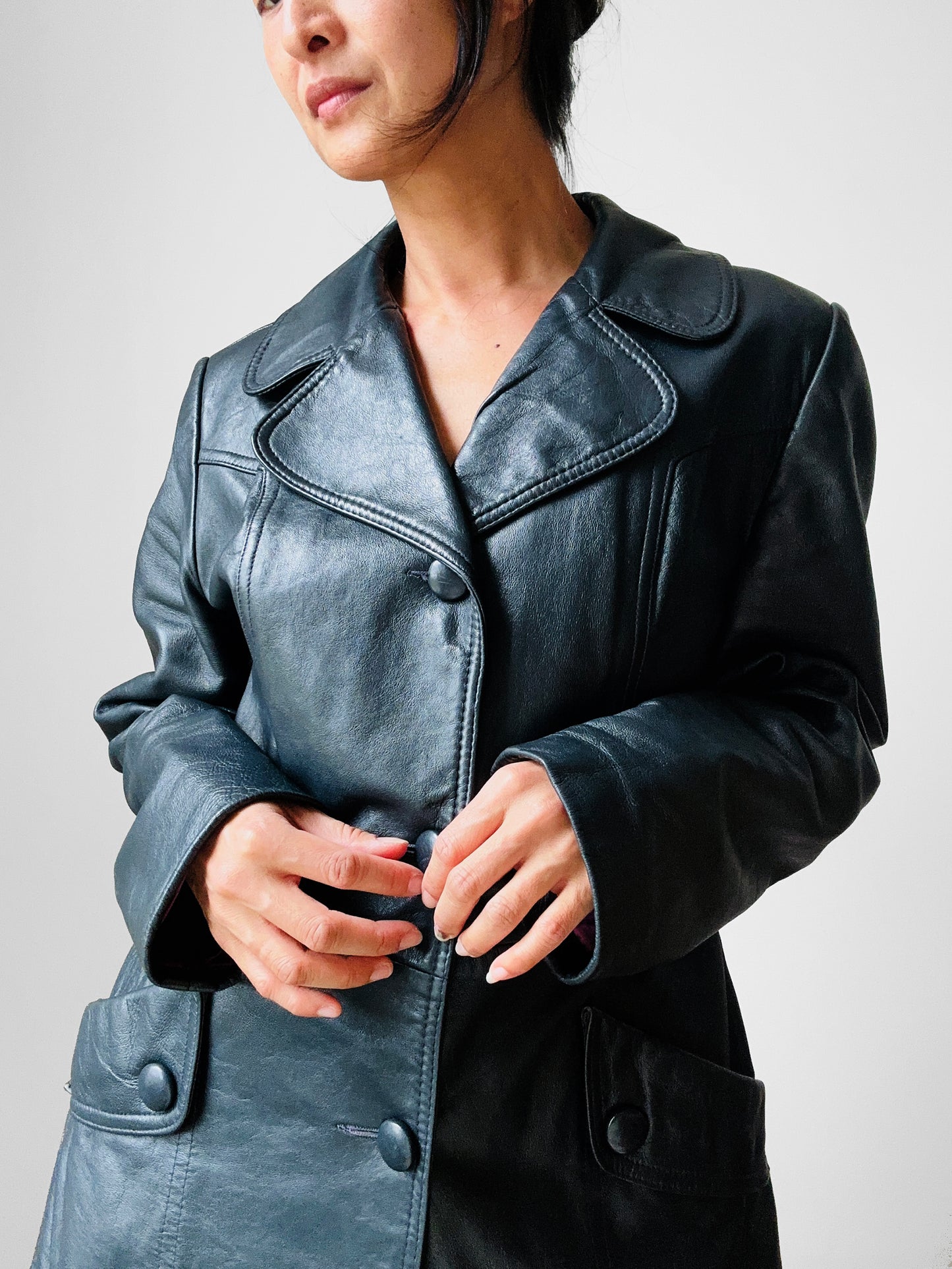 70s Dark Navy Button Front Butter Soft Leather Jacket - Sz. S/M