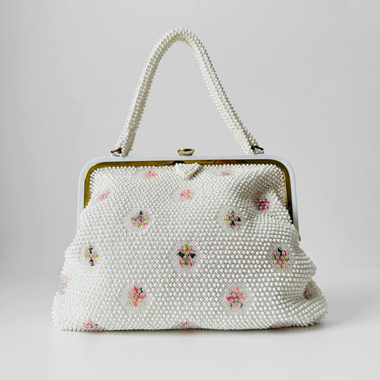 1960s White Corde Bead Floral Embroidered Top Handle Handbag