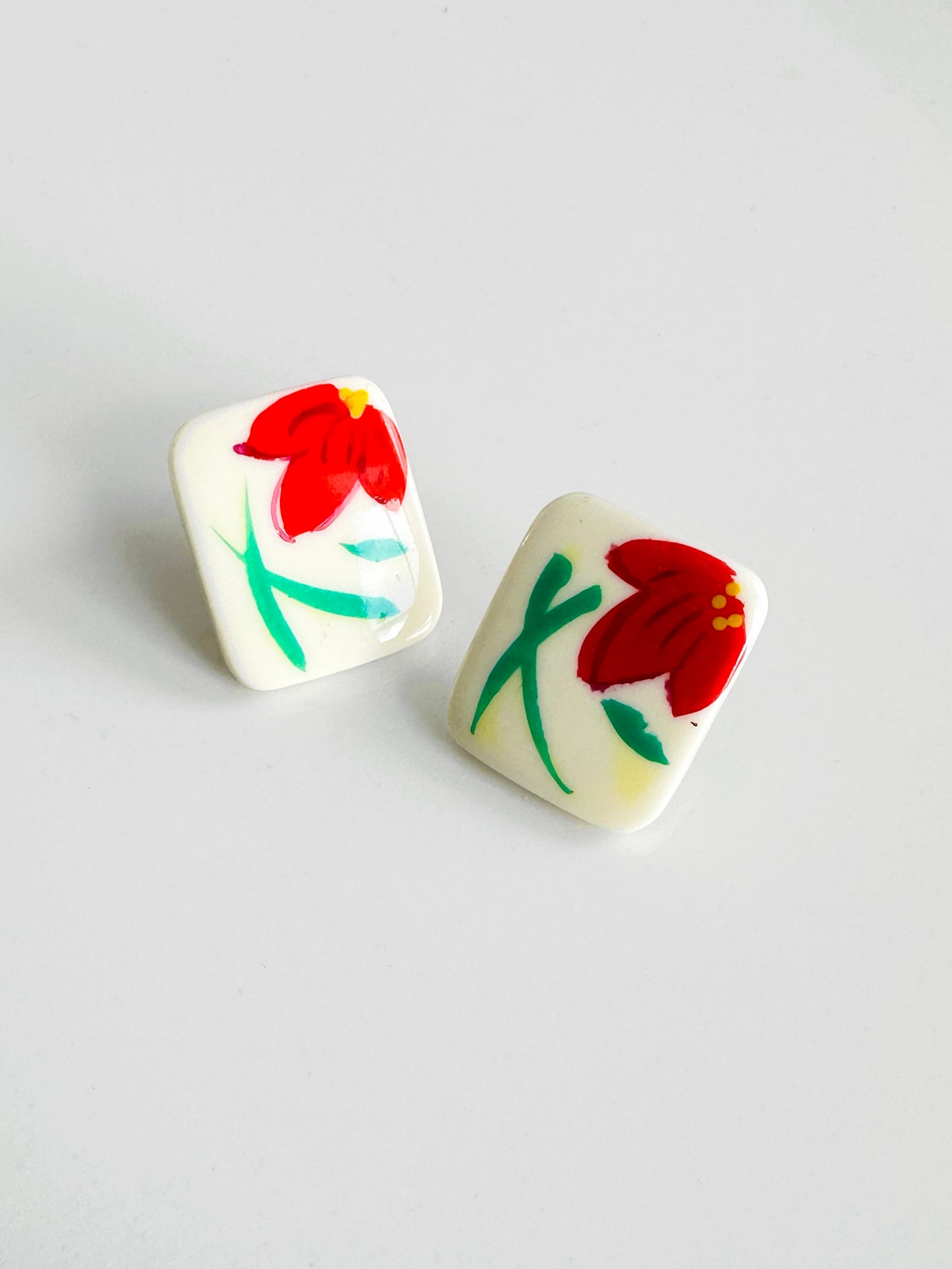 Vintage Mid-Century Red Painted Floral Post Earrings