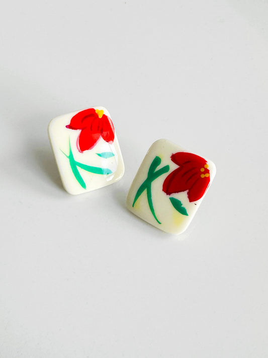 Vintage Mid-Century Red Painted Floral Post Earrings