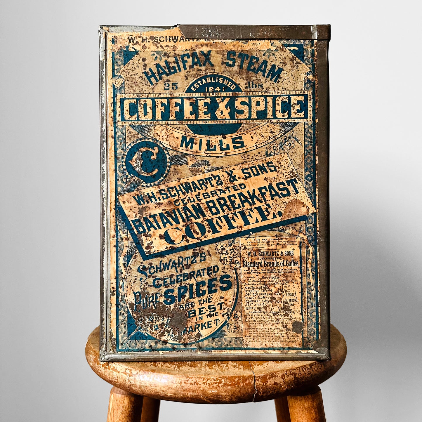 Early 1900s Halifax Steam Mills Coffee and Spice Advertising Graphic Tin Container