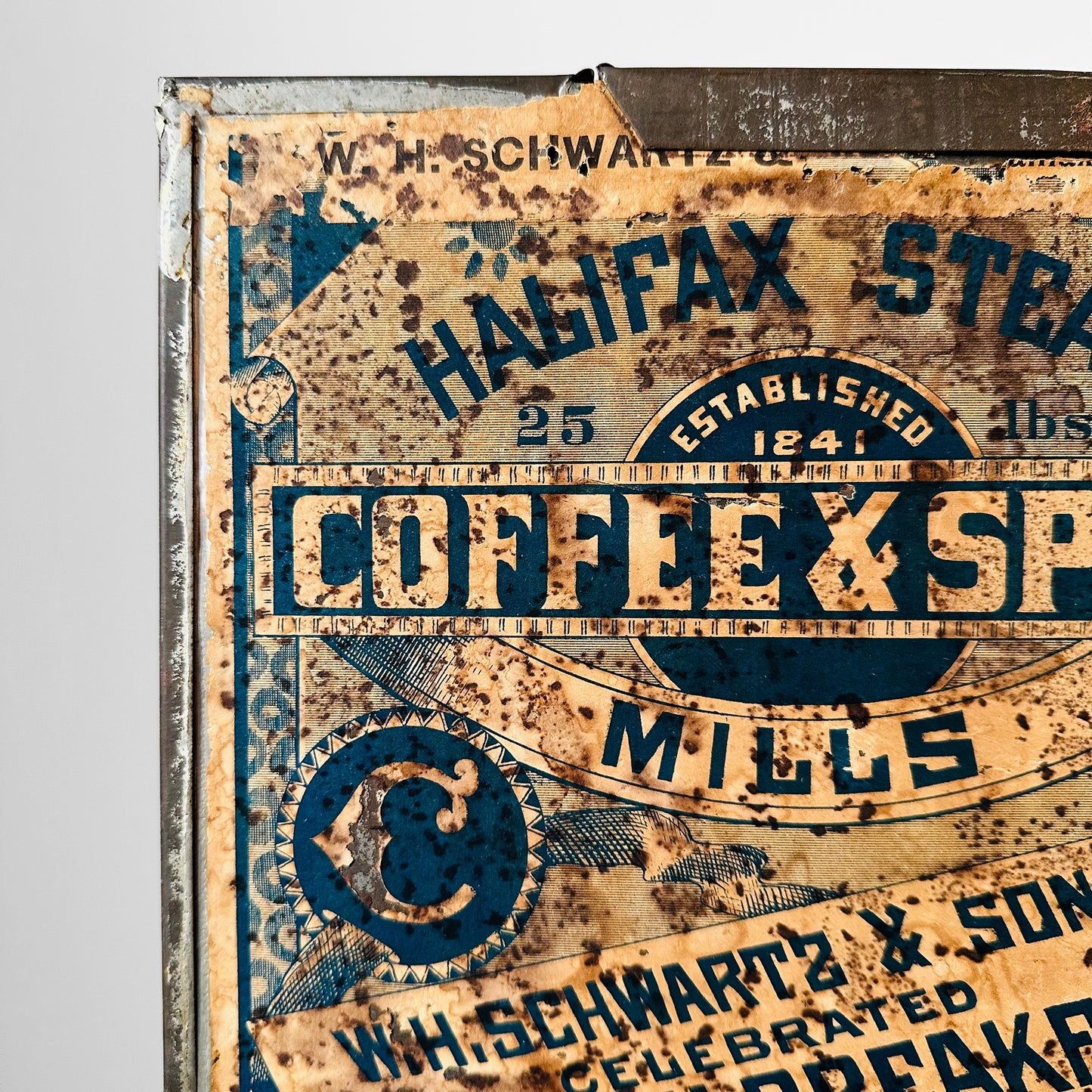 Early 1900s Halifax Steam Mills Coffee and Spice Advertising Graphic Tin Container