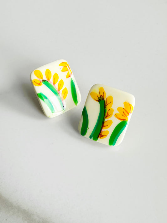 Vintage Mid-Century Yellow Painted Floral Post Earrings