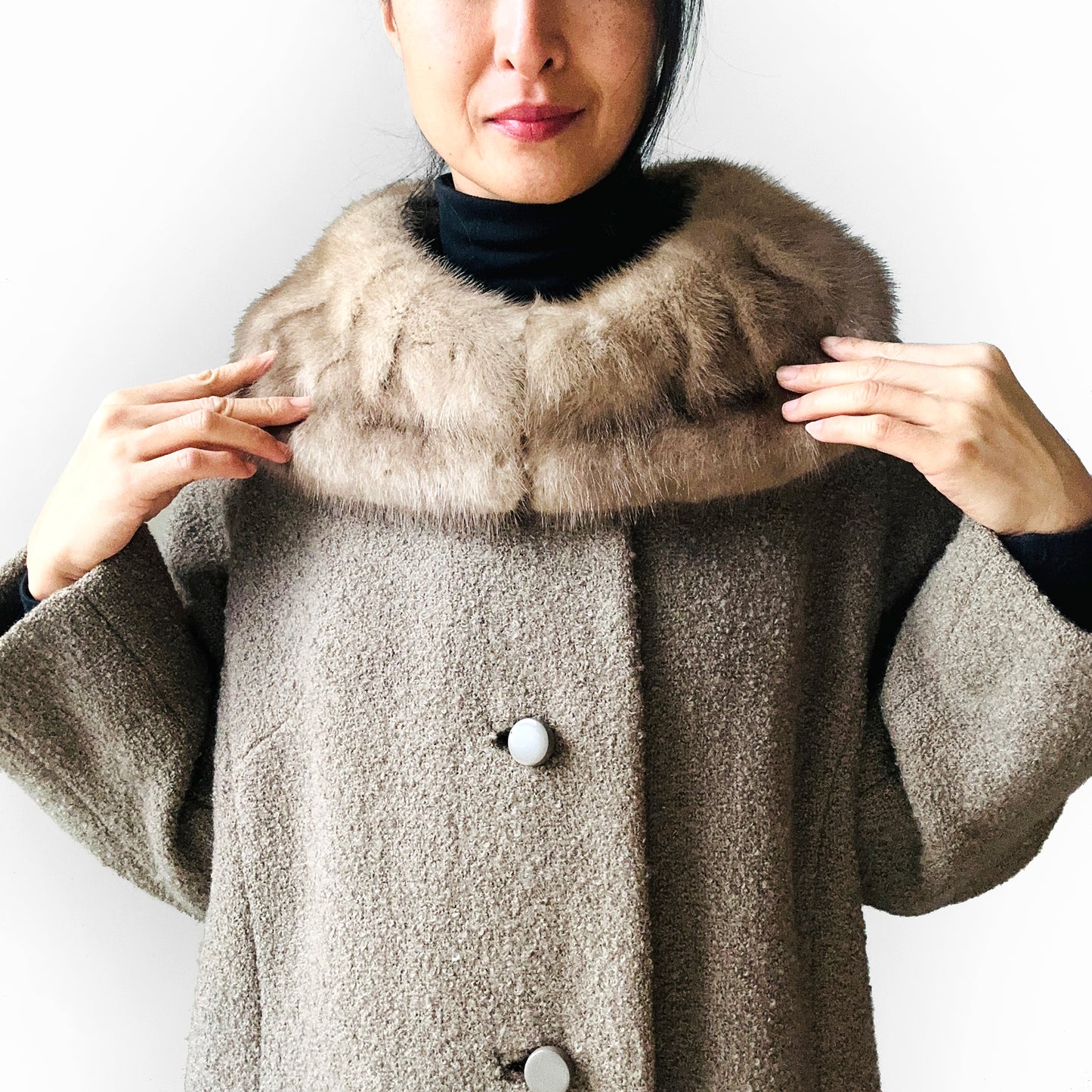 1960s Taupe Fur Collar A-Line Mid-Length Coat