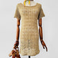 Vintage 1970s Beige Short-Sleeve Scoop Neck Crochet Tunic  - Sz. S