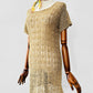 Vintage 1970s Beige Short-Sleeve Scoop Neck Crochet Tunic  - Sz. S
