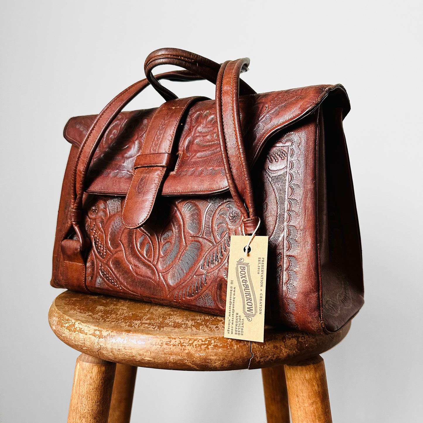 RESERVED - 1960s - 1970s Dark Brown Well-Worn Tooled Leather Handbag