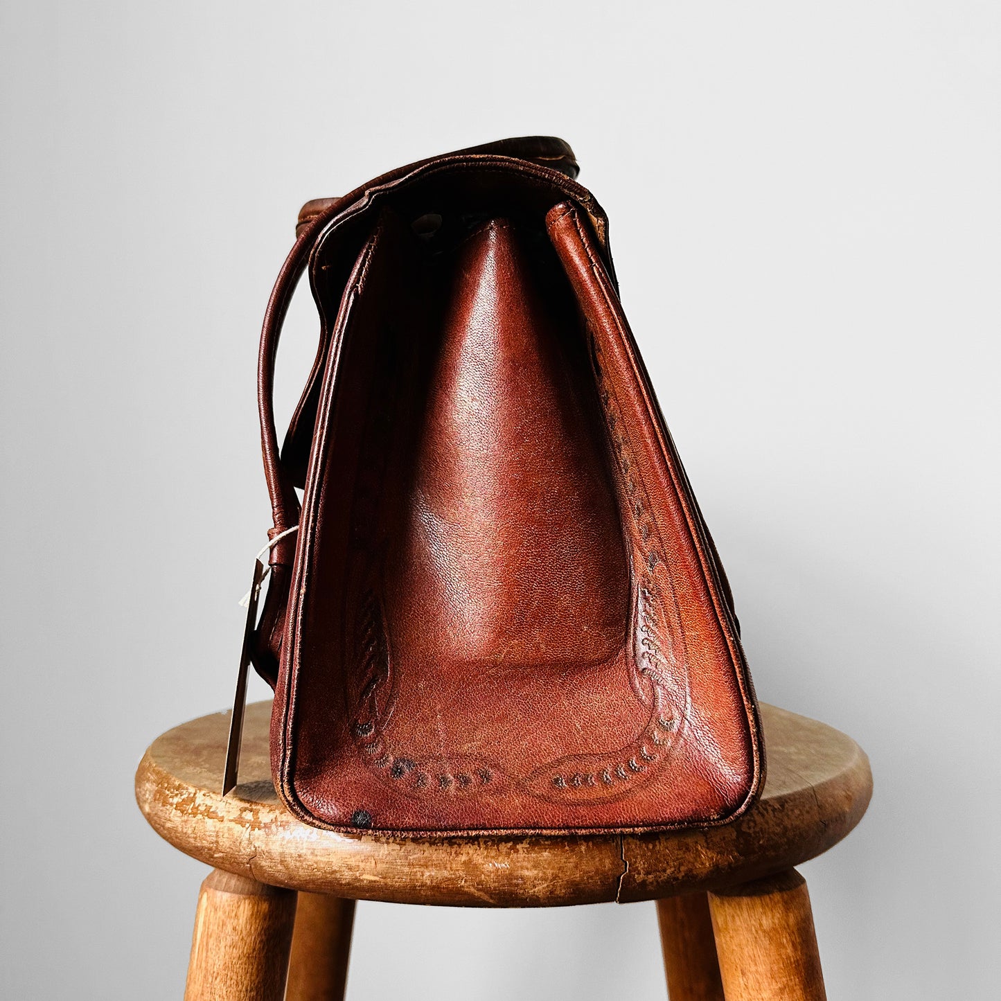 RESERVED - 1960s - 1970s Dark Brown Well-Worn Tooled Leather Handbag