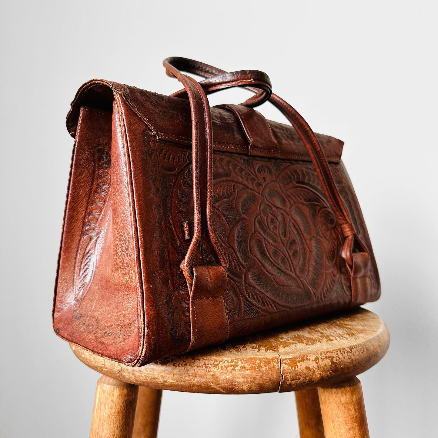 RESERVED - 1960s - 1970s Dark Brown Well-Worn Tooled Leather Handbag