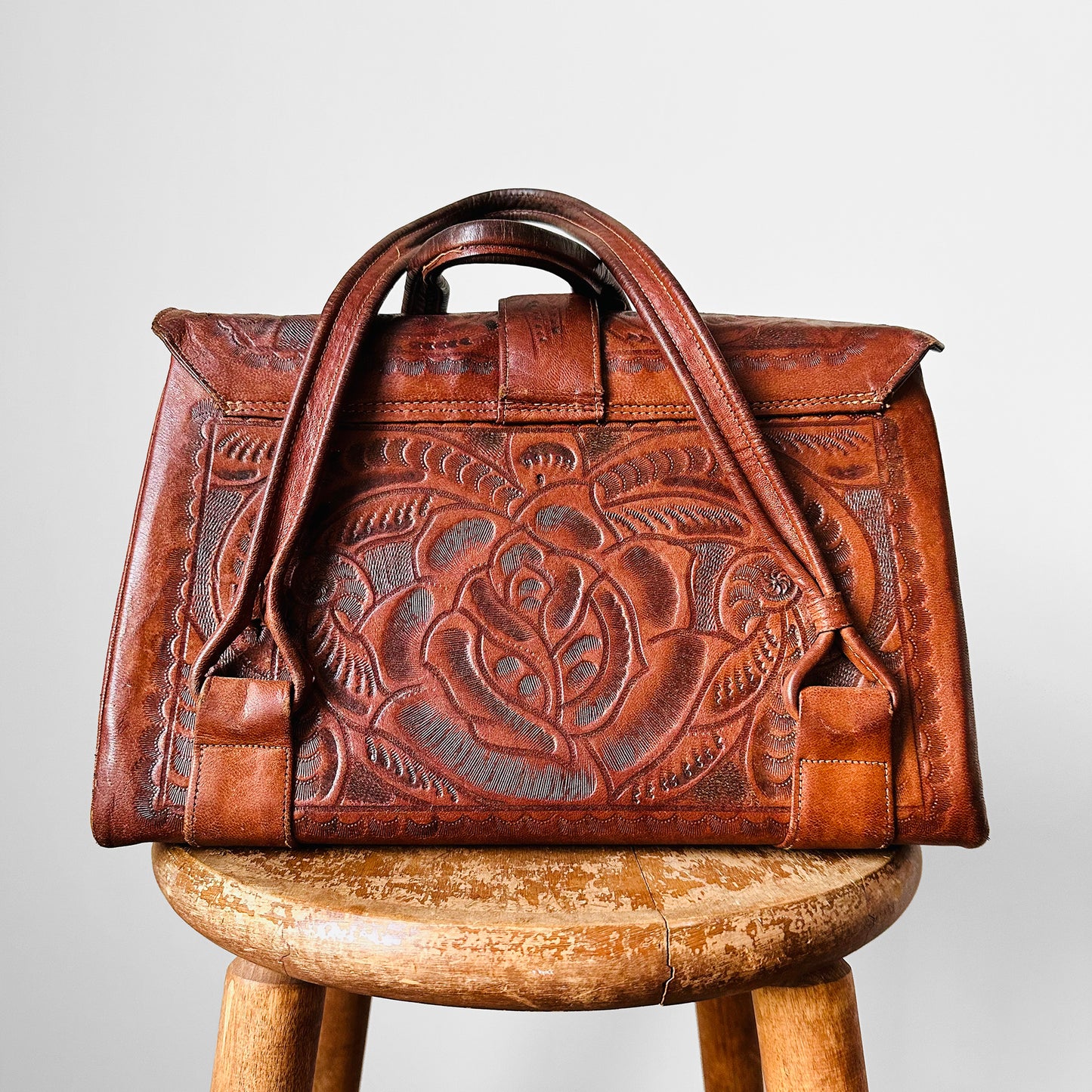 RESERVED - 1960s - 1970s Dark Brown Well-Worn Tooled Leather Handbag