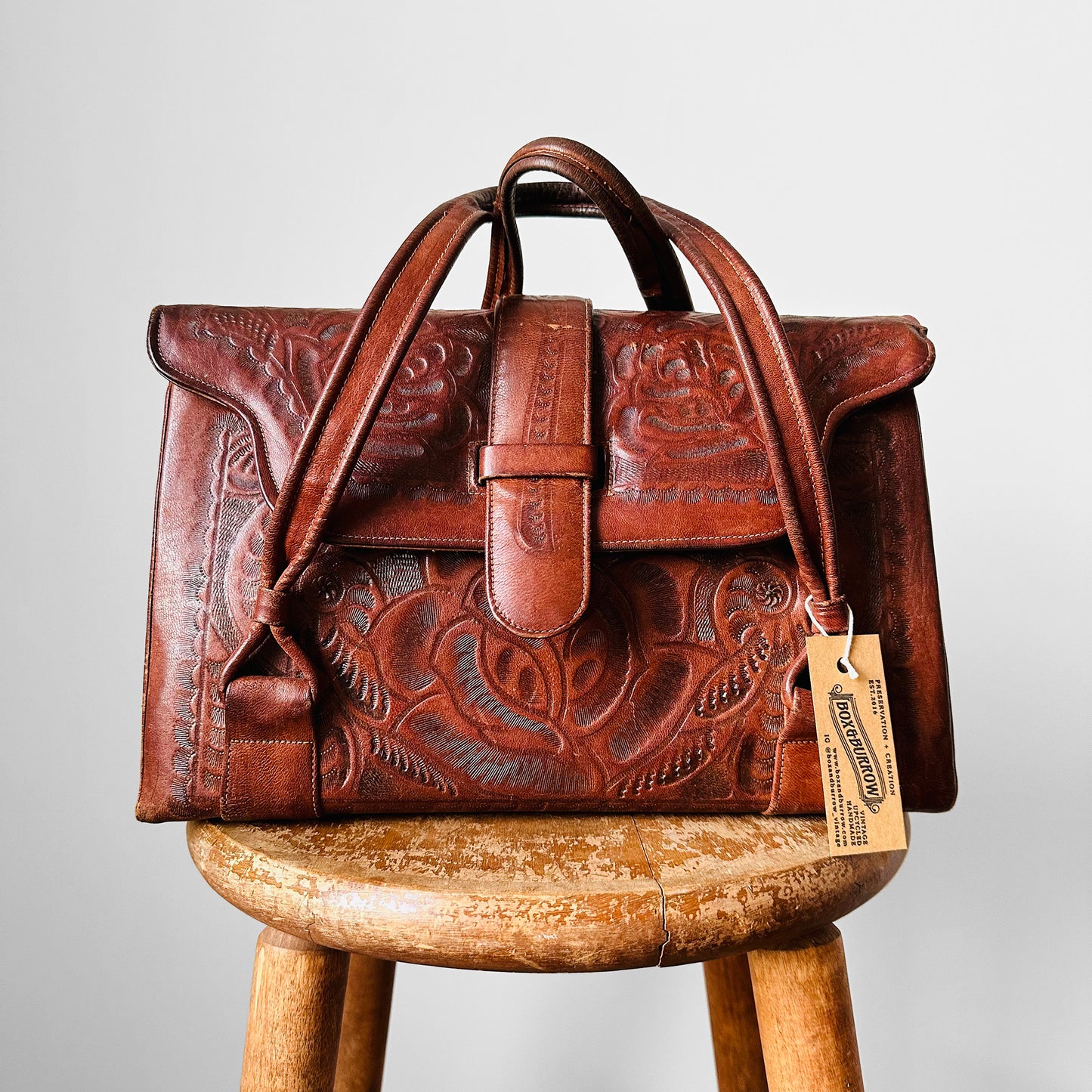 RESERVED - 1960s - 1970s Dark Brown Well-Worn Tooled Leather Handbag