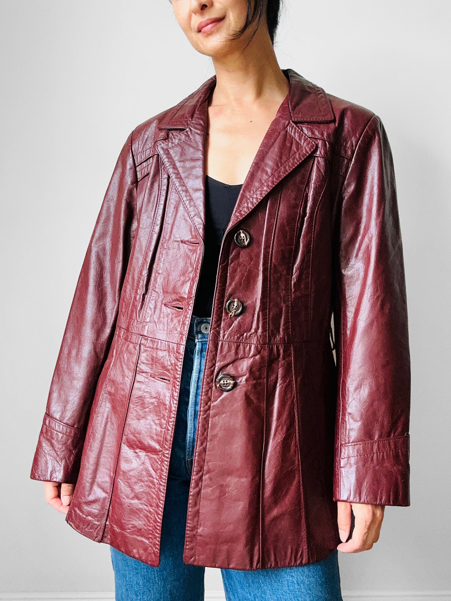 70s Maroon Tapered Waist Leather Jacket  - Sz. S/M