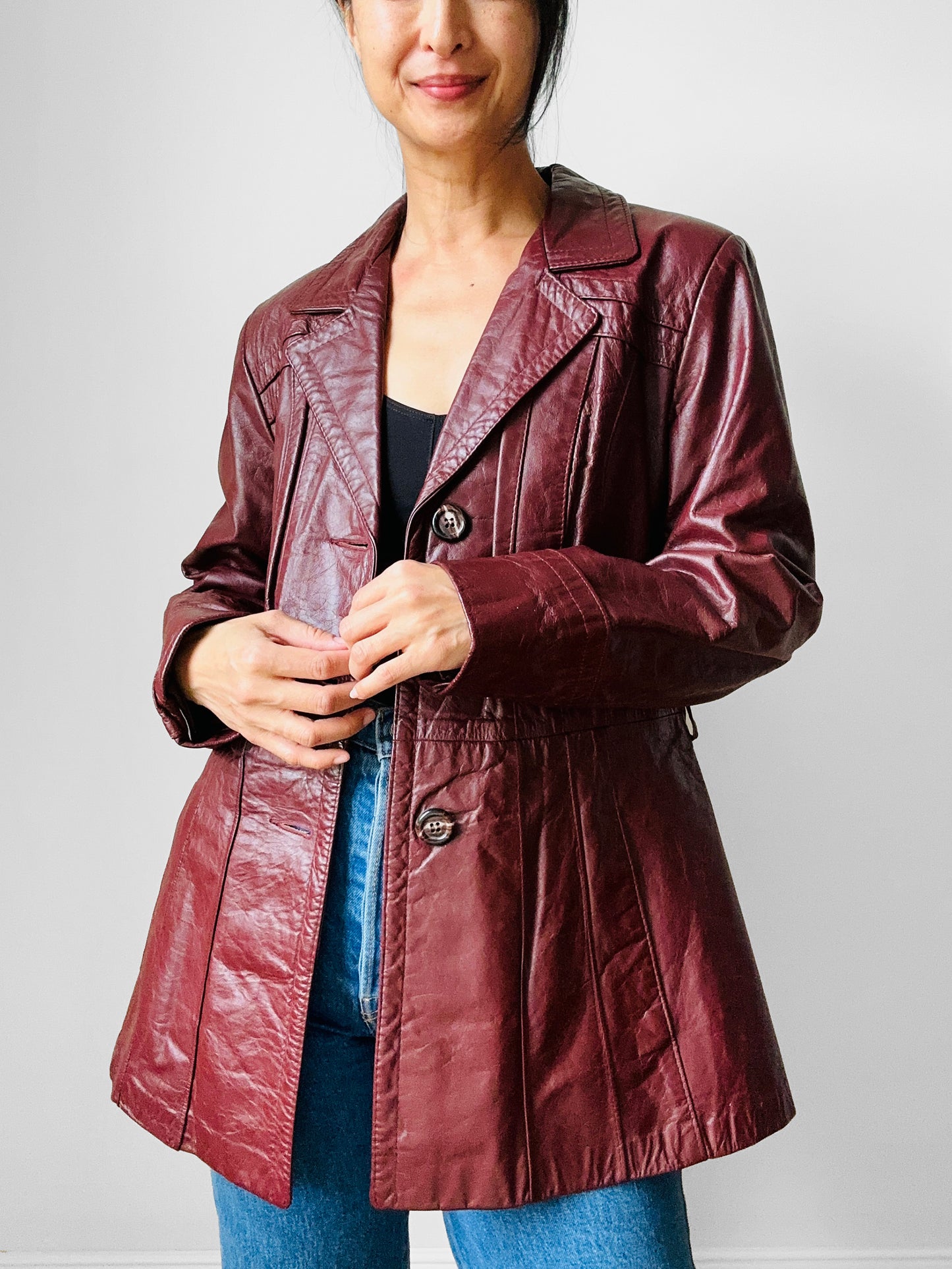 70s Maroon Tapered Waist Leather Jacket  - Sz. S/M