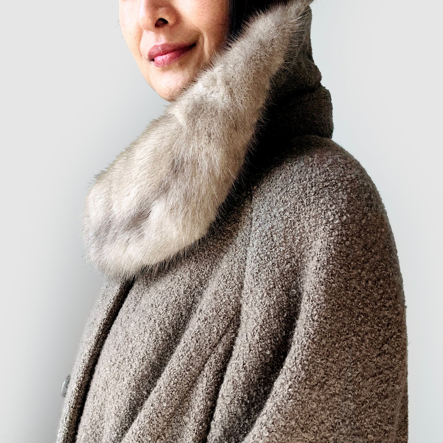 1960s Taupe Fur Collar A-Line Mid-Length Coat