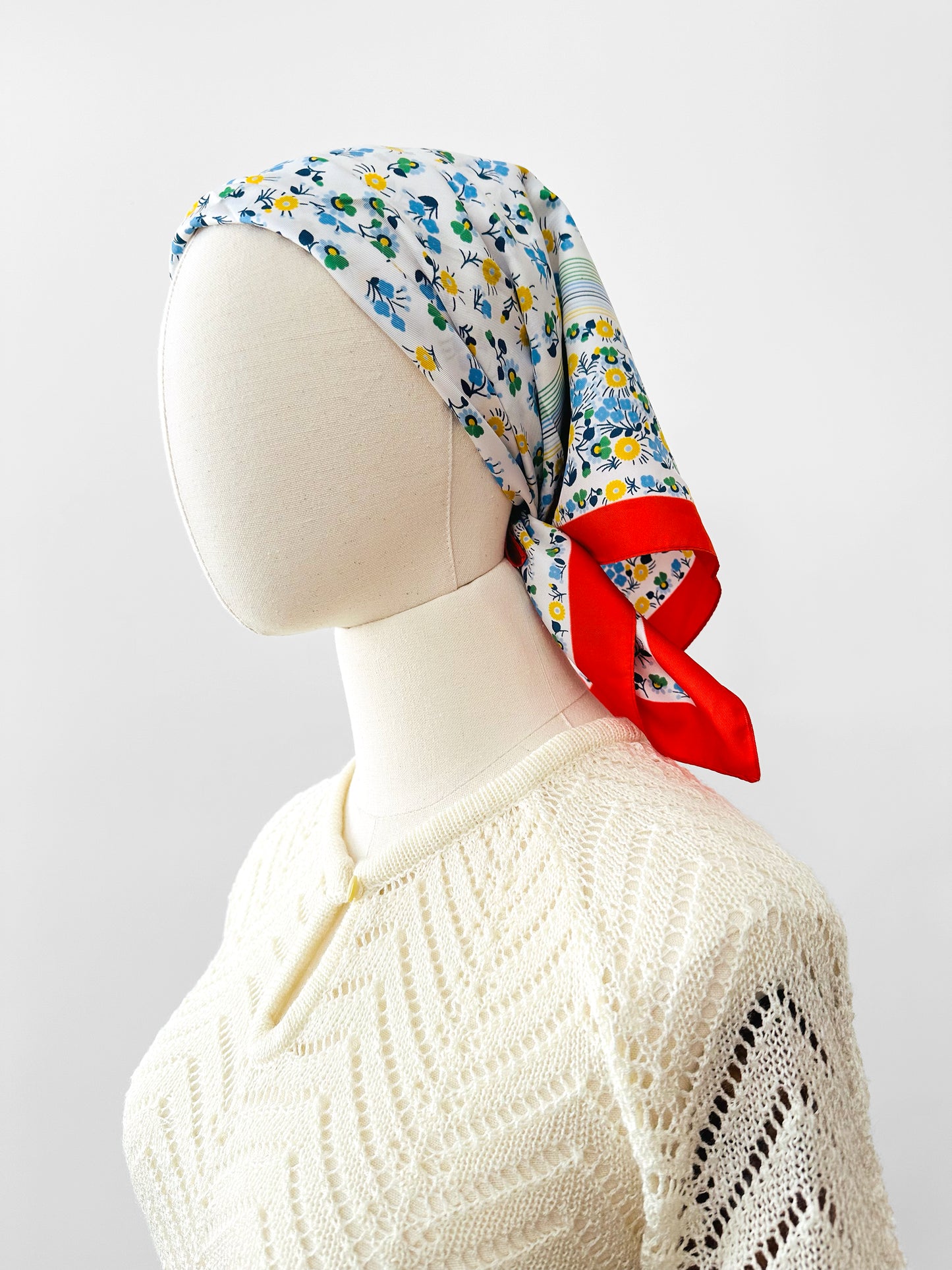 Vintage 1960s - 1970s Made in Italy Red Trim Floral Kerchief Scarf