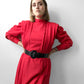 1980s Red Heavy Button-Front Fit and Flare Long-Sleeve Midi-Length Dress - Sz. M