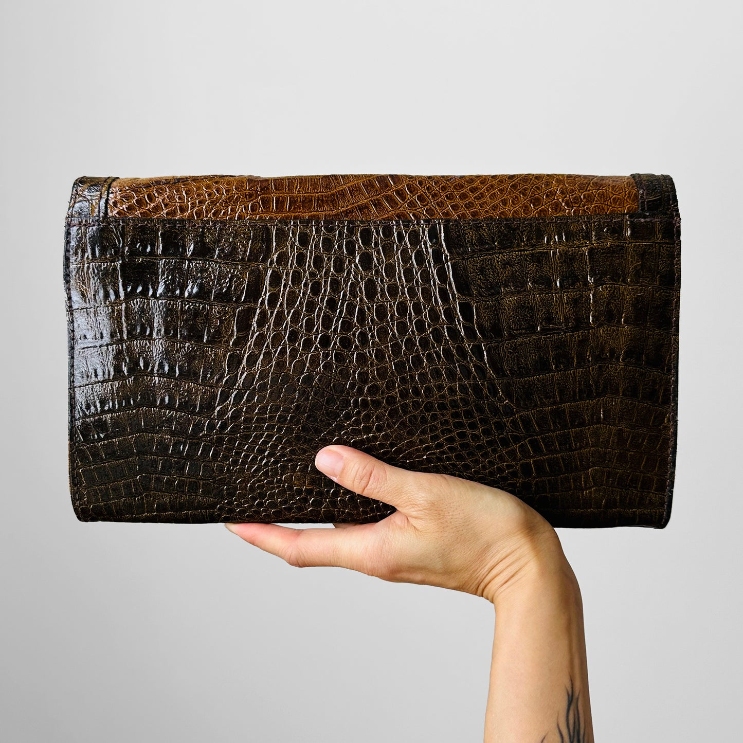 1970s -1980s Brown Leather and Suede Patchwork Clutch Purse