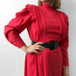 1980s Red Heavy Button-Front Fit and Flare Long-Sleeve Midi-Length Dress - Sz. M