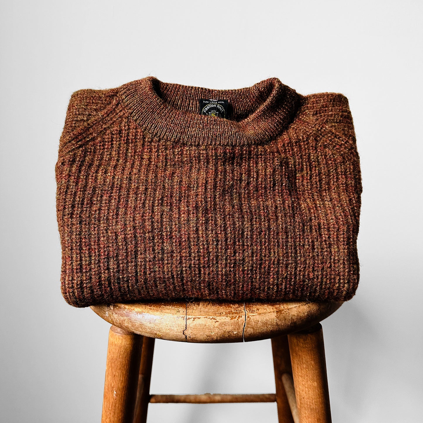 Rust Brown Pure Wool Ribbed Crew Neck Chunky Crop Pullover Sweater - Sz. S