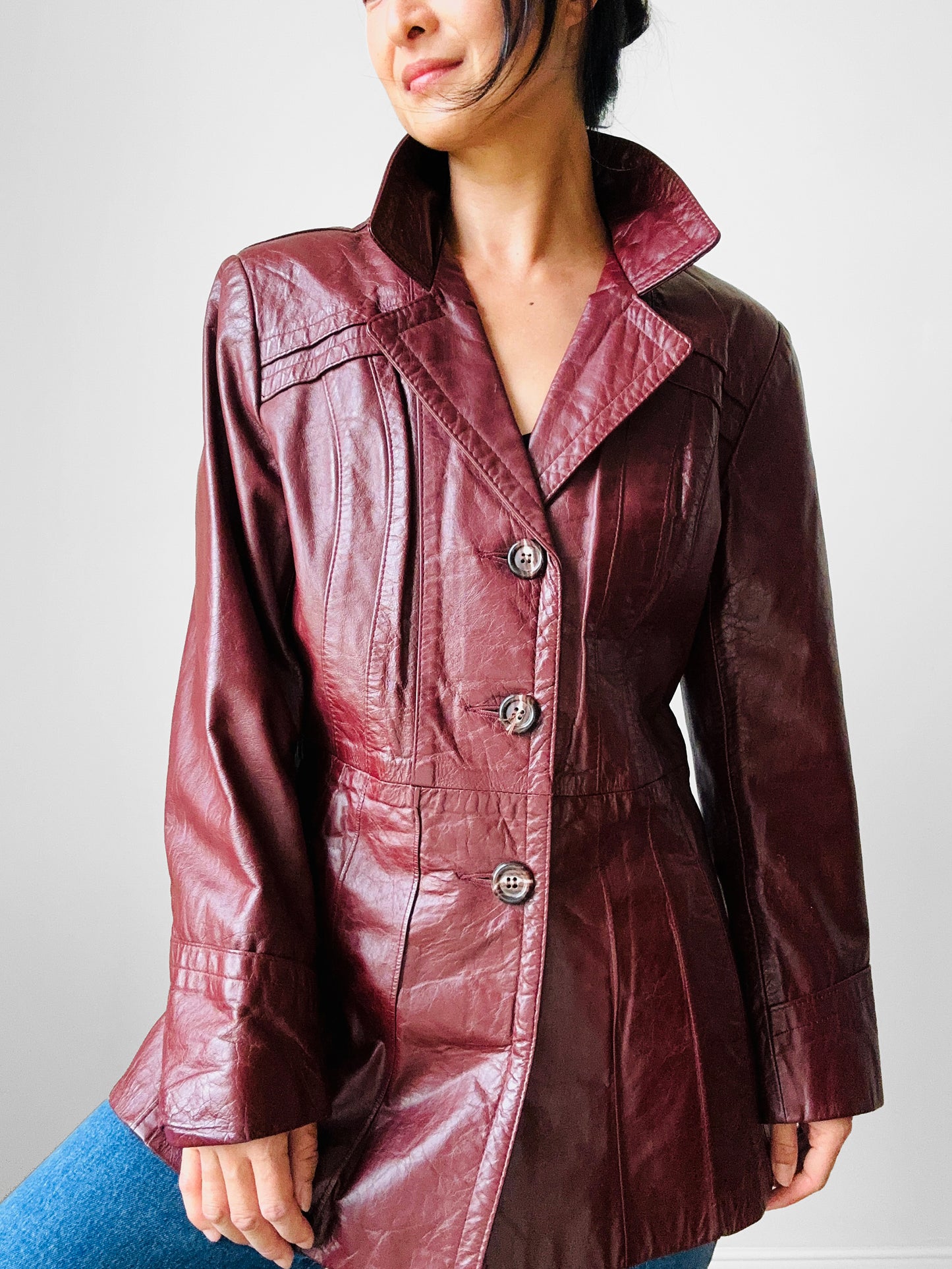 70s Maroon Tapered Waist Leather Jacket  - Sz. S/M